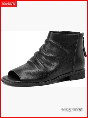 Open Toe Slouchy Ankle Boots Low Block Heel Synthetic Leather